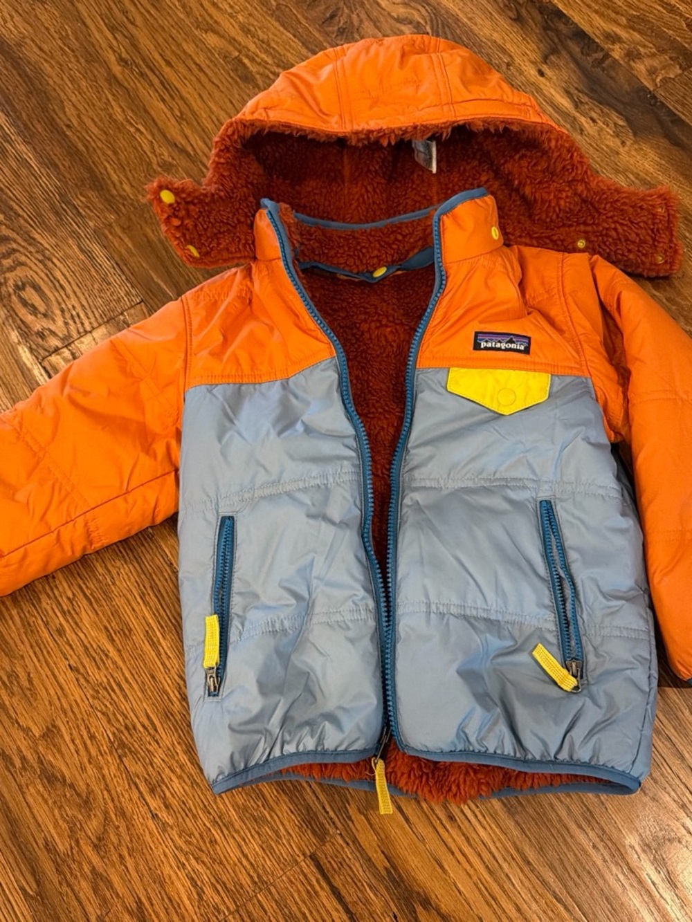 Patagonia Kids' Reversible Jacket Orange & Blue with Removable Hood 5T